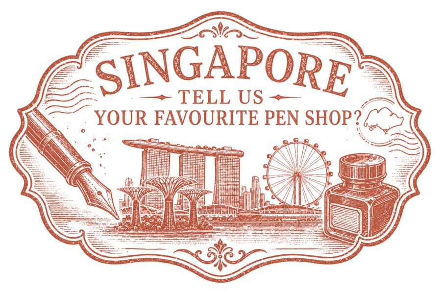 Brick-red invitation stamp asking for a favourite pen shop in Singapore